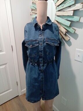 Moodo Size M Long Sleeve Denim Shirt Mini Dress w/Front Pockets & Snap Buttons
